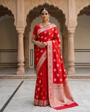 Vibrant Crimson Red Katan Silk Kadwa Meenakari Banarasi Saree front view
