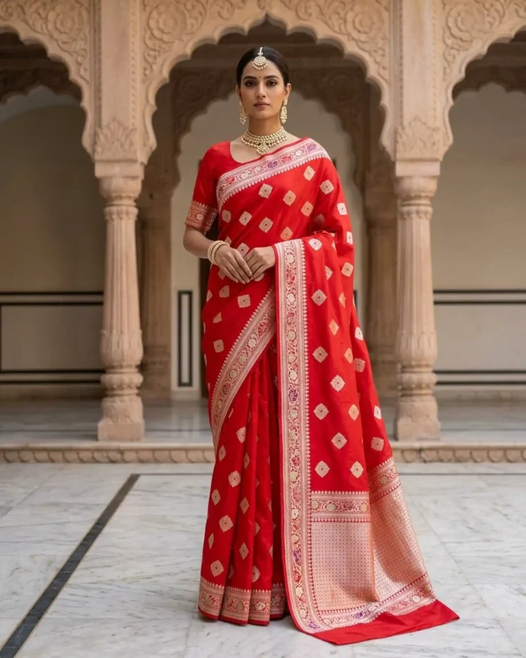 Vibrant Crimson Red Katan Silk Kadwa Meenakari Banarasi Saree front view