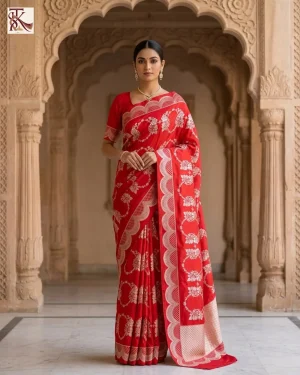 Vibrant Crimson Red Katan Silk Kadwa Banarasi Saree front standing view