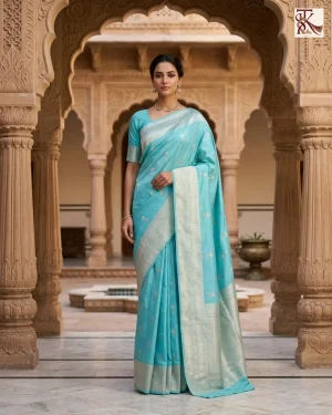 Vibrant Turquoise Blue Katan Silk Kadwa Buti Banarasi Saree front standing view