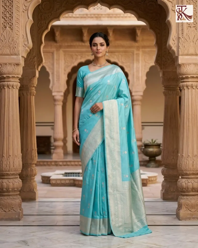 Vibrant Turquoise Blue Katan Silk Kadwa Buti Banarasi Saree front standing view